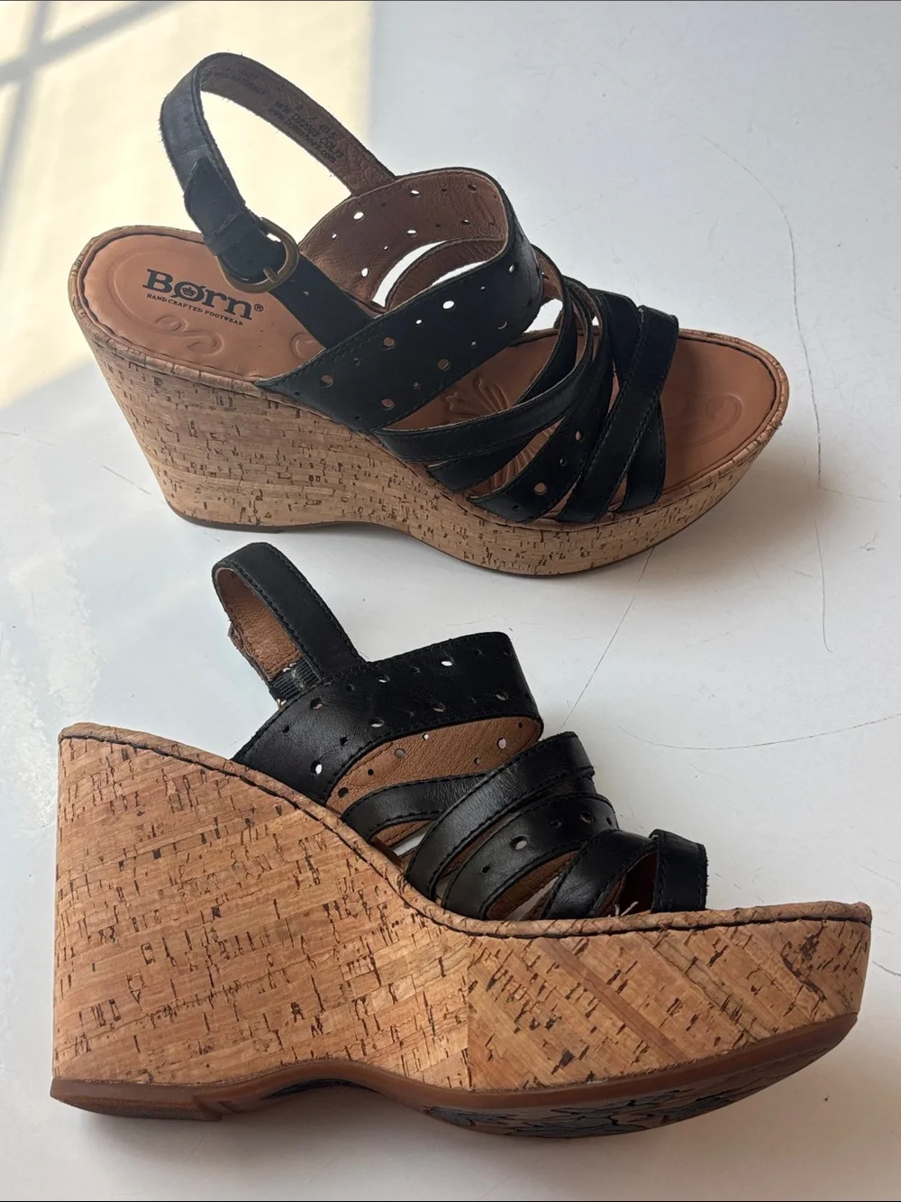 Born Black Leather Cork Wedge Sandals with Eyelet Details